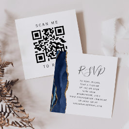 Cartão De Informações Navy Blue Gold Agate Wedding QR Code RSVP