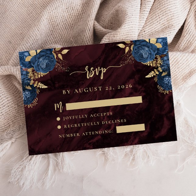 Cartão De Informações Navy Blue Gold Floral Burgundy Script Wedding RSVP (Criador carregado)