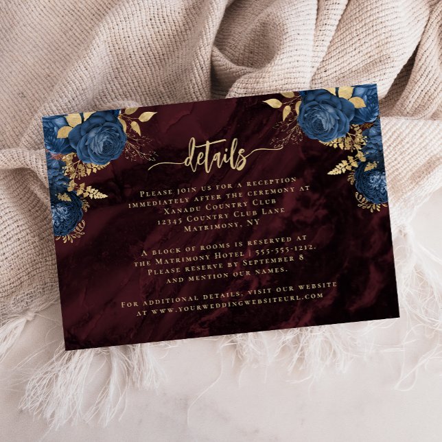 Cartão De Informações Navy Blue Gold Floral Burgundy Wedding Details (Criador carregado)