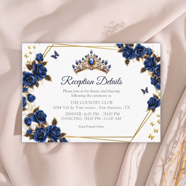 Cartão De Informações Navy Blue Golden Tiara Roses Butterfly Quinceañera (Criador carregado)