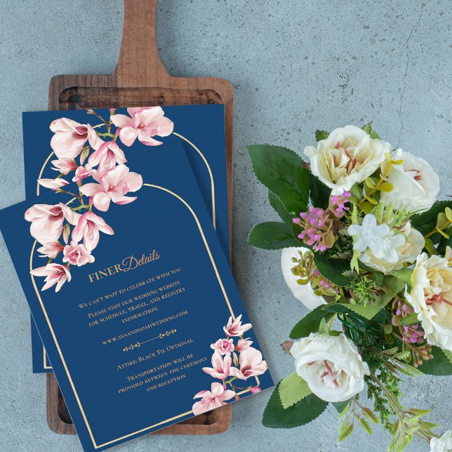 Cartão De Informações Navy Blue Magnolia Floral Wedding Details (Navy Blue Magnolia Floral Wedding Details Enclosure Card)