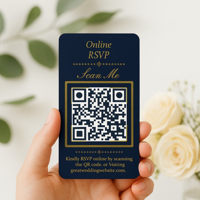 Cartão De Informações Navy Blue | Photo Online RSVP QR Code Wedding  (Navy and Gold | Photo Online RSVP QR Code Wedding Enclosure Card)