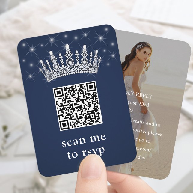 Cartão De Informações Navy Blue Quinceañera Crown & Stars QR RSVP Photo (Criador carregado)