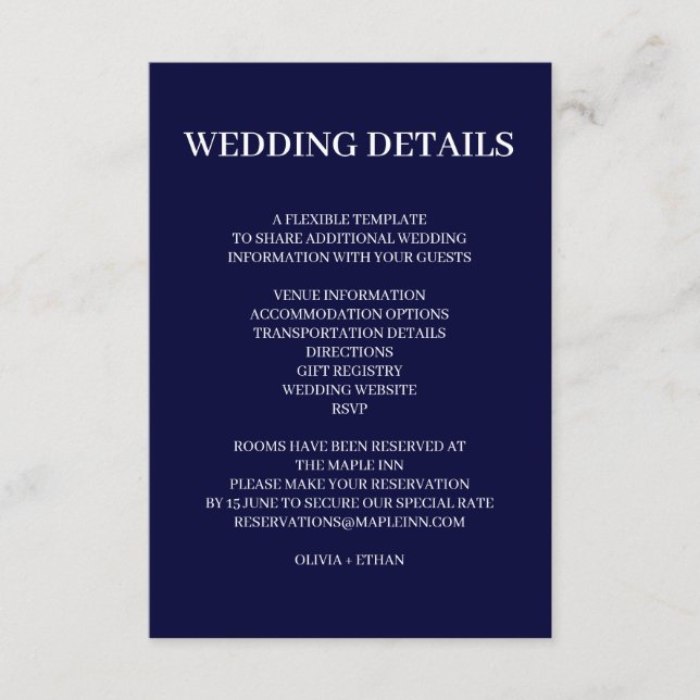 Cartão De Informações Navy Blue Scandinavian Minimal Wedding Design (Frente)