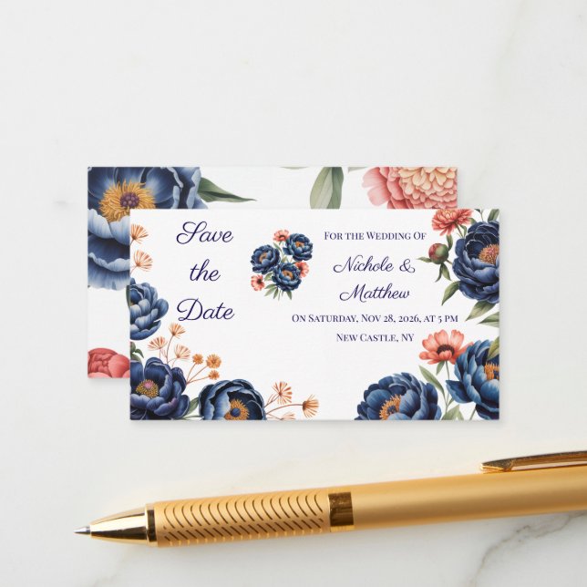 Cartão De Informações Navy e Laranja Queimado Floral Save the Date (Frente/Verso In Situ)