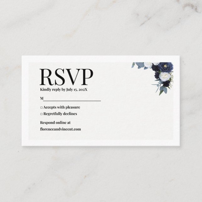 Cartão De Informações Navy Floral RSVP Card (Frente)