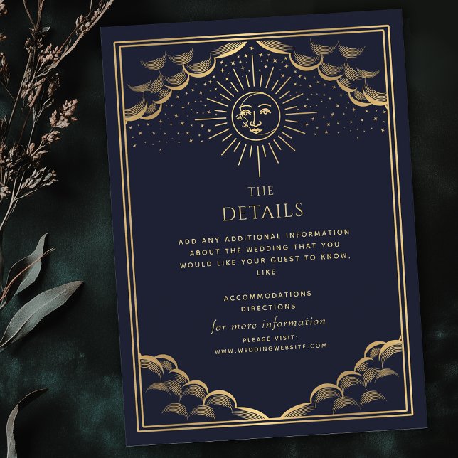 Cartão De Informações Navy Gold Sun and Moon Tarot Wedding Details (Criador carregado)