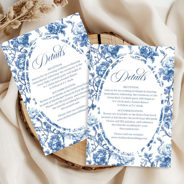 Cartão De Informações Navy Roses Wedding Floral Elegant Details Card (French toile de jouy roses,
Luxurious navy flowers wedding inforamtion,
dusty Blue flowers botanical)
