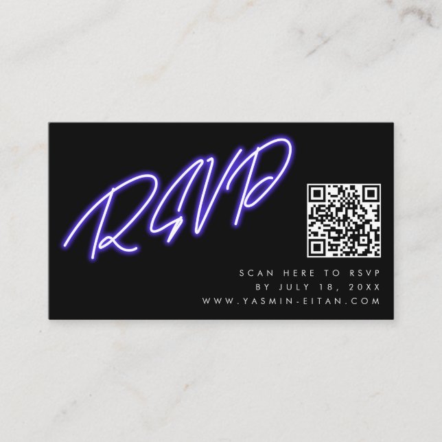 Cartão De Informações Neon Purple Glow Black Modern Wedn RSVP (Frente)