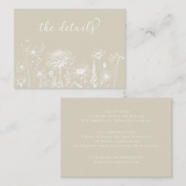 Cartão De Informações Neutral Wildflower Details Card Minimalist Wedding (Frente/Verso)