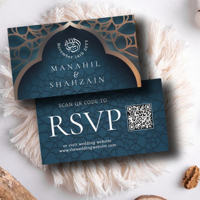 Cartão De Informações Nile Blue Islamic Arch QR Code RSVP Wedd Website (Criador carregado)