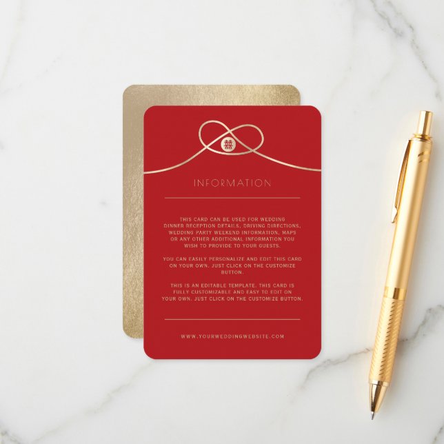 Cartão De Informações Nó Dourado União Dupla Felicidade Casamento Chinês (Frente/Verso In Situ)