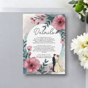 Cartão De Informações Noiva e Noivo Florais em Aquarela Casamento Elegan