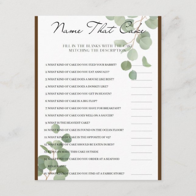 Cartão De Informações Nomeie O Jogo Da Festa De Bolo (Frente)