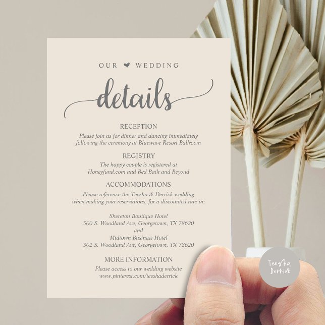 Cartão De Informações Nossos Detalhes De Casamento, Cinzas Rústicas Escu (Our Wedding Details, Rustic Script Invitation Enclosure Card, in Cream and Dark Grey)