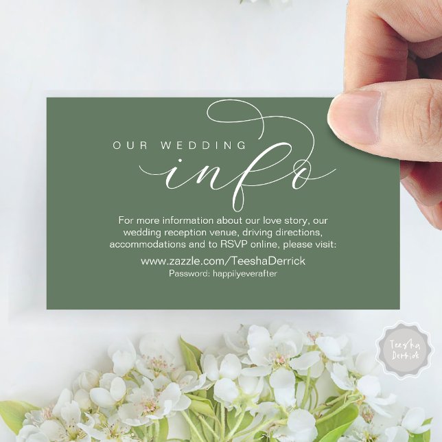 Cartão De Informações Nossos detalhes de casamento e site, moderno mínim (Our Wedding Info, Details Enclosed Small Card, RSVP, Website Address, in Forest Sage Green)