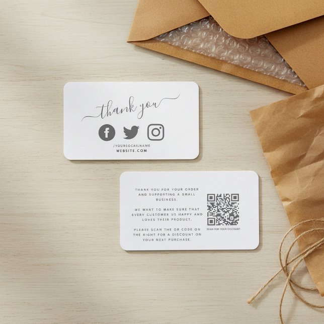 Cartão De Informações Obrigado branco de código QR de mídia social que v (Social media QR code white thank you discount Enclosure Card)