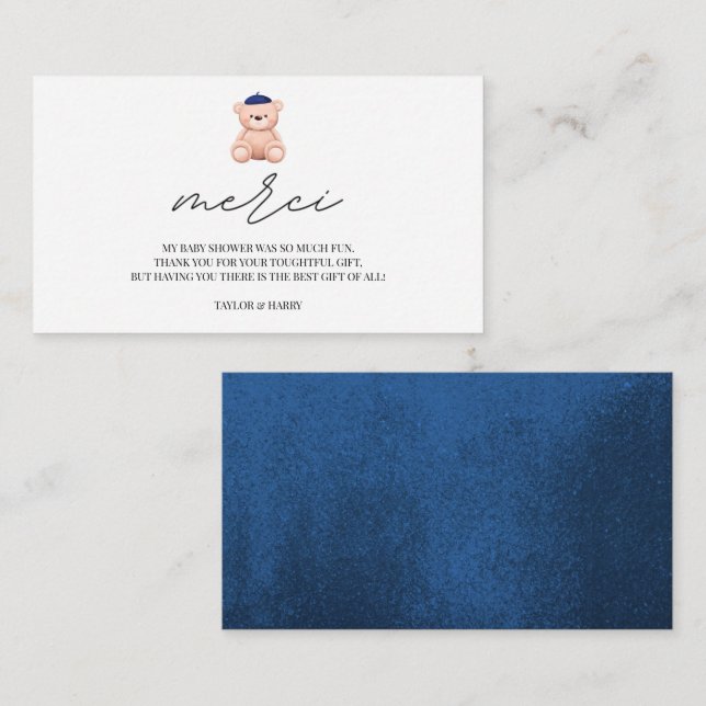 Cartão De Informações Obrigado chá de fraldas francês Bonjour Bebe (Frente/Verso)