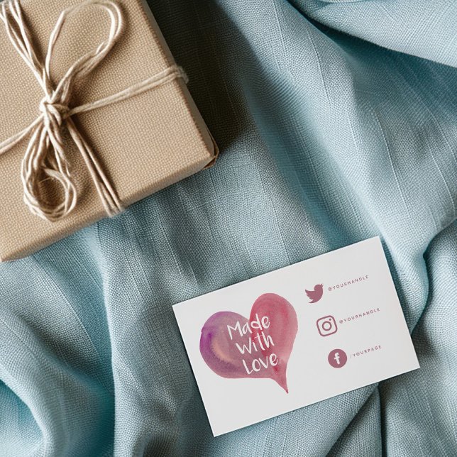 Cartão De Informações Obrigado de aquarela para os Links Sociais (White insert card saying "made with love" on a watercolor heart and social media icons)