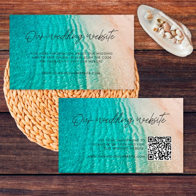 Cartão De Informações Ocean Summer Beach Wedding Website RSVP Qr Code (Front/Back)