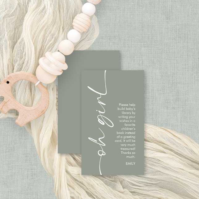 Cartão De Informações Oh Girl Sage Books para Chá de fraldas (Small books for baby enclosure card, front and back view)