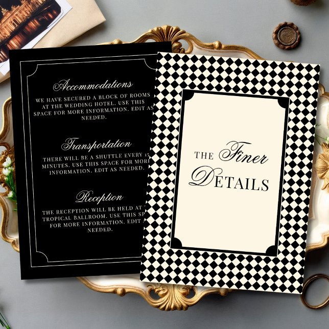 Cartão De Informações Old Money Black Ivory Checkered Wedding Details (Criador carregado)
