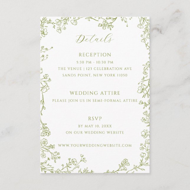 Cartão De Informações Olive Green Floral Line Art Wedding Details (Frente)