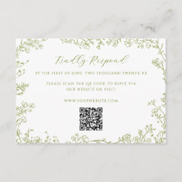 Cartão De Informações Olive Green Floral Line Art Wedding QR Code