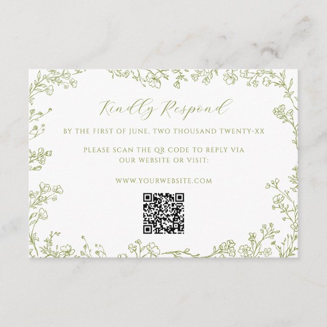 Cartão De Informações Olive Green Floral Line Art Wedding QR Code (Frente)