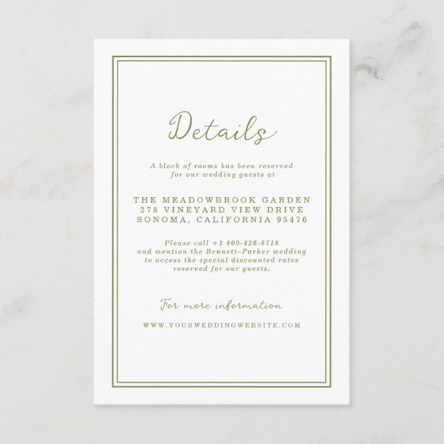 Cartão De Informações Olive Green Modern Wedding Details Card (Frente)