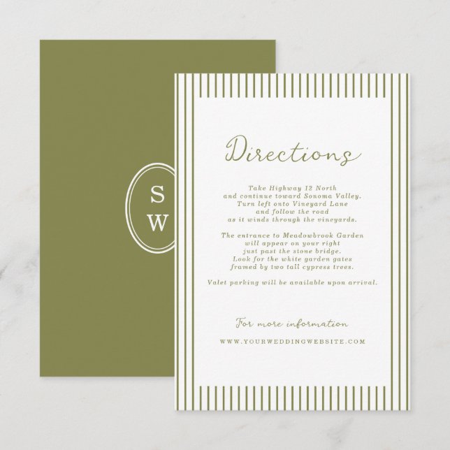 Cartão De Informações Olive Green Modern Wedding Directions Card (Frente/Verso)