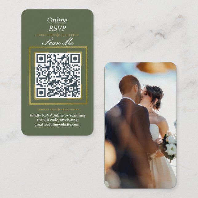 Cartão De Informações Olive Green | Photo Online RSVP QR Code Wedding  (Frente/Verso)