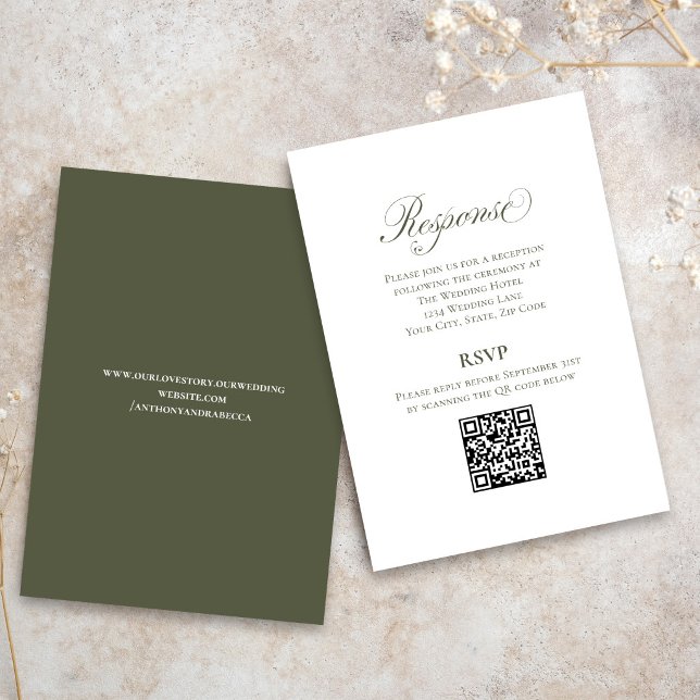 Cartão De Informações Olive Green Script Wedding RSVP QR Code Card (Elegant olive green wedding RSVP card with script font and modern QR code response)