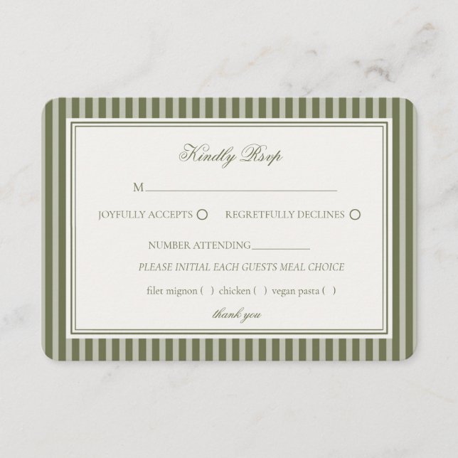 Cartão De Informações Olive Martini Green Old Money Striped Wedding RSVP (Frente)