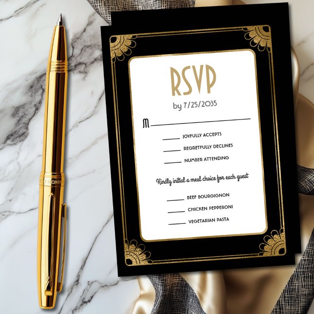 Cartão De Informações Opções de RSVP de Casamento de Folhas de Arte Dour (Chic black and gold art deco wedding RSVP enclosure card with three meal choices)