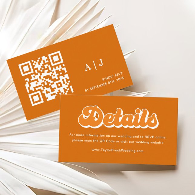 Cartão De Informações Orange Boho Retro 70s Detalhes do Casamento Qr Cod (Criador carregado)