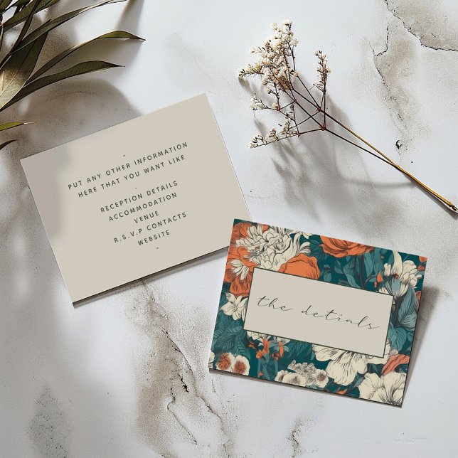 Cartão De Informações Orange Flowers Elegant Casou os detalhes (Back and front Wedding "the details" card: Vintage floral frame with elegant green script and text.)