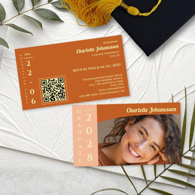 Cartão De Informações Orange Modern Photo  QR Code Graduation Party  (Criador carregado)
