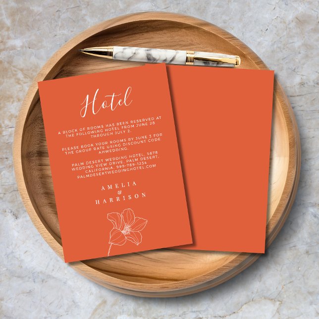 Cartão De Informações Orange Verona Sunset Floral Wedding Hotel (Orange Verona Sunset Floral Wedding Hotel Enclosure Card with Hotel Details, Couple Names.)