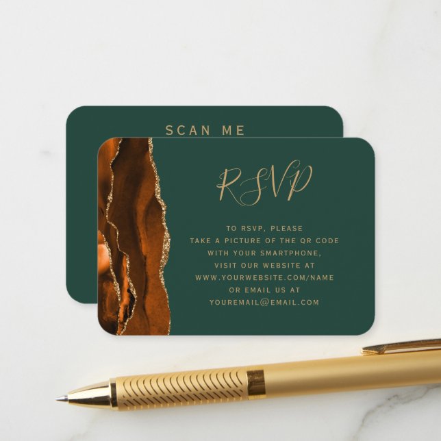 Cartão De Informações Orçamento Rust Ouro Ágata Verde Casamento QR Code  (Frente/Verso In Situ)