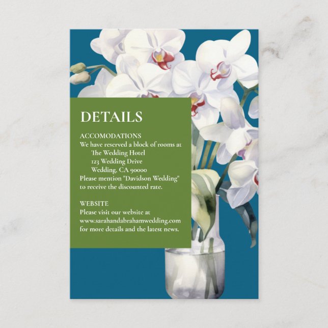 Cartão De Informações Orquídeas brancas Oceano - Detalhes Azuis (Frente)