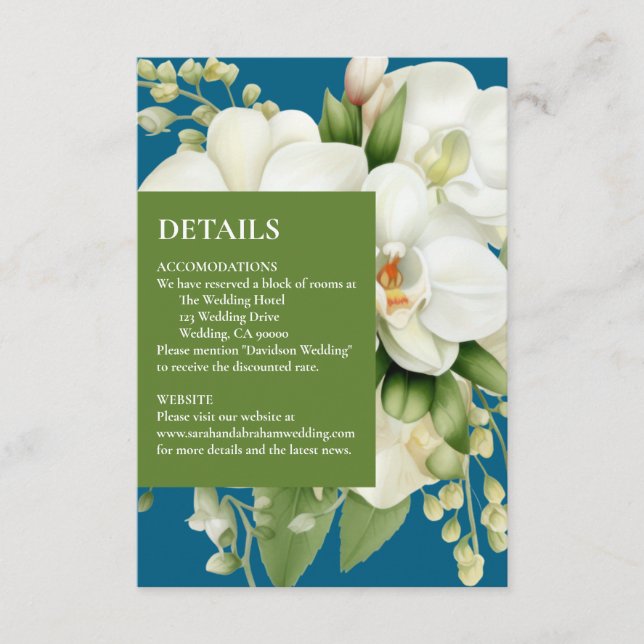 Cartão De Informações Orquídeas brancas Oceano - Detalhes Azuis (Frente)