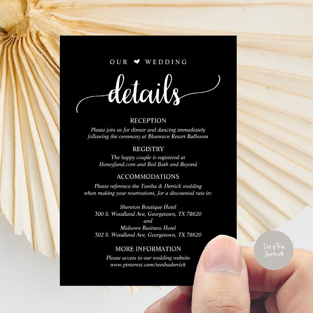 Cartão De Informações Os Nossos Detalhes De Casamento, Negro Clássico Ru (Our Wedding Details, Rustic Script Invitation Enclosure Card, in Classy Black)