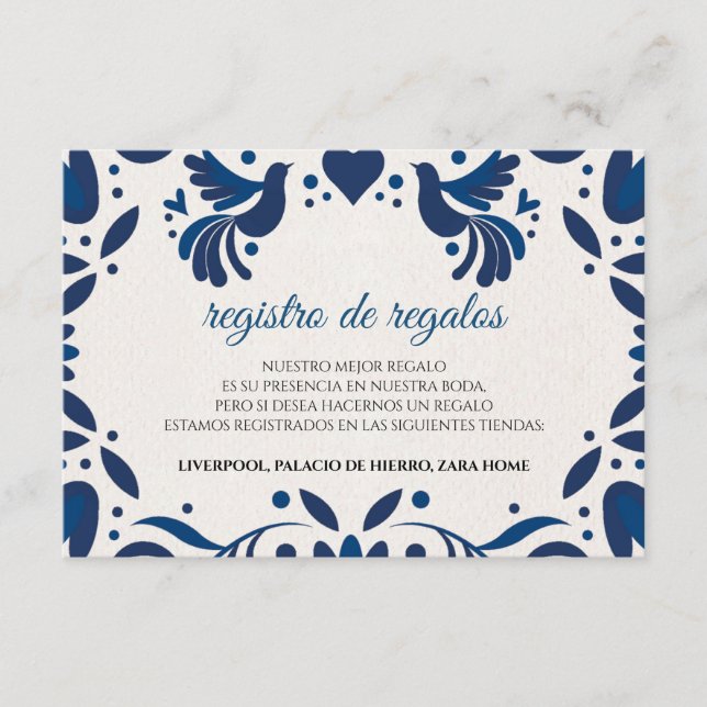 Cartão De Informações Otomi Blue Floral Elegant Fiesta Spanish Wedding (Frente)