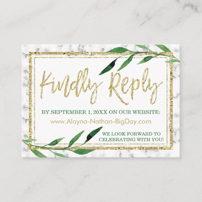 Cartão De Informações Ouro Marble Wedding RSVP Card, Greenery (Frente)
