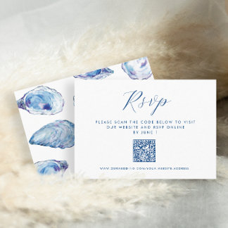 Cartão De Informações Oyster Wedding QR RSVP Blue Watercolor
