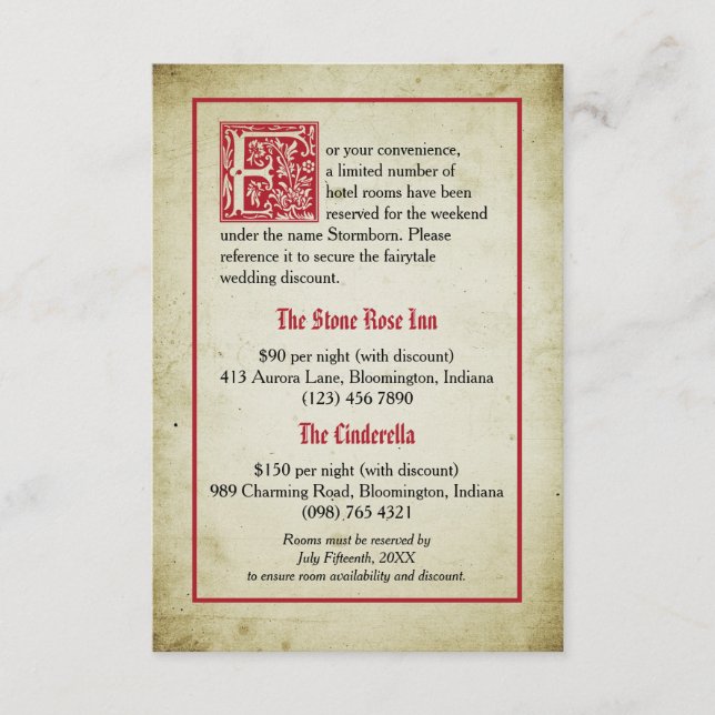 Cartão De Informações Página de Conto de Fadas | Acomodações para Casame (Frente)