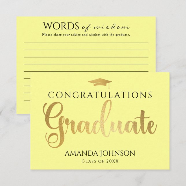 Cartão De Informações Palavras Douradas Amarelas de Graduação da Sabedor (Frente/Verso)