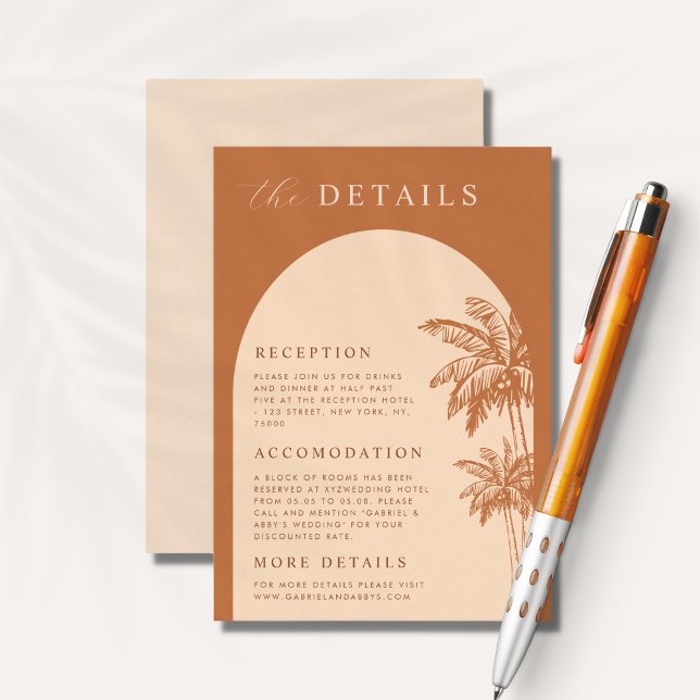 Cartão De Informações Palm Tree Boho Beach Terracotta Detalhes Casamento (Criador carregado)