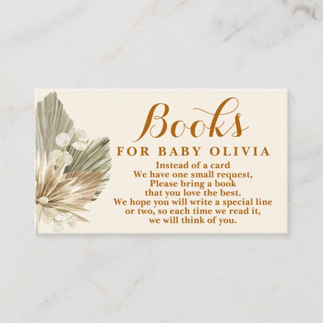 Cartão De Informações Palmas secas Lunaria Livros para Pedido de Bebê (Frente)